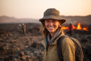 Medium shot portrait photography of a blissful girl in her 30s wearing a casual baseball cap at the gates of hell in danakil depression ethiopia. With generative AI technology