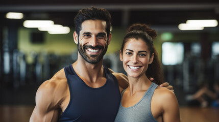 Fototapeta na wymiar Portrait of sports man and woman training together in a gym
