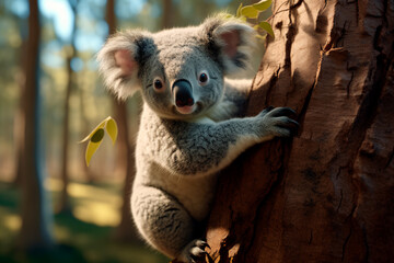 Obraz premium Beautiful close-up of a cute koala hanging on a Eucalyptus tree