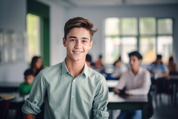 Obraz premium Student boy dressed in shirt in high school classroom