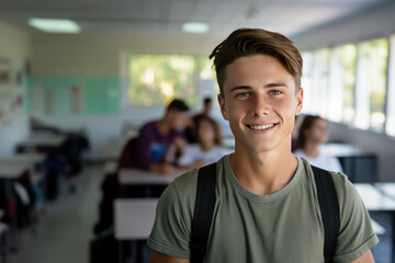 Student boy dressed in t-shirt carrying backpack in high school classroom