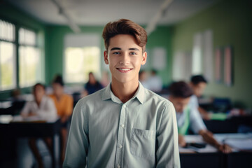 Obraz premium Student boy dressed in shirt in high school classroom