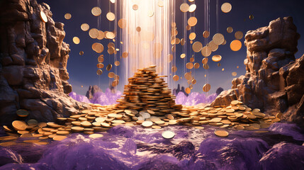A cascade of golden coins morphing into a waterfall, symbolizing wealth and abundance - obrazy, fototapety, plakaty