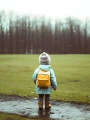 Child with raincoat and backpack. Concept of back to school. AI generated