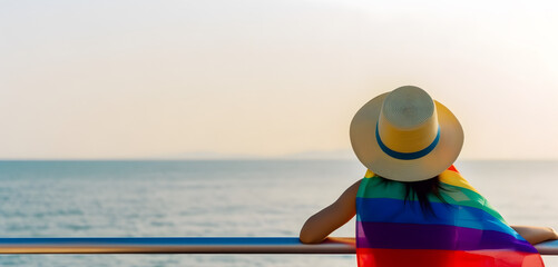 Girl wrapped in pride flag. Concept of LGBT pride. AI generated