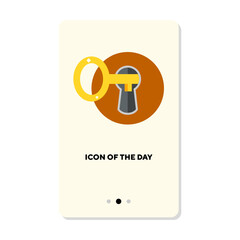 Key and lock flat icon. Golden key inserted into keyhole isolated vector sign. Owning and locking concept. Vector illustration symbol elements for web design and apps