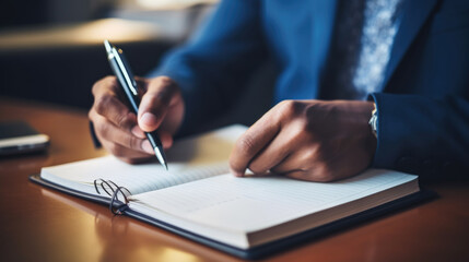 Businesswoman is taking notes in notebook