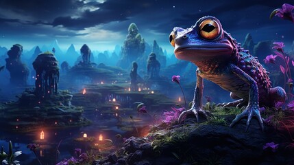 A neon green alien frog with glowing eyes exploring a neon purple alien landscape on a distant planet