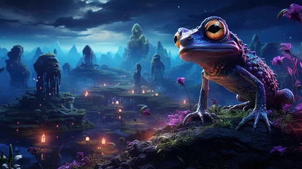Poster A neon green alien frog with glowing eyes exploring a neon purple alien landscape on a distant planet © Tina