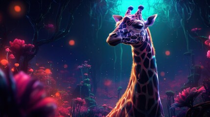 A neon green space giraffe with a long, glowing neck grazing on neon pink space grass in a surreal cosmic landscape