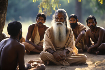 Old indian guru surrounded by his disciples - obrazy, fototapety, plakaty