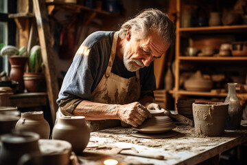 Fototapeta na wymiar A potter working in his workshop