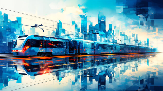 Trains levitating above tracks, driven forward by magnetically-aligned energy fields