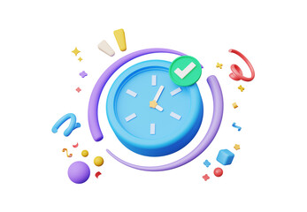 3D render, Minimal Alarm clock with colorful floating confetti isolated on transparent background, Management time and planning concept, reminder and notification. Wake up and sleep time. - obrazy, fototapety, plakaty
