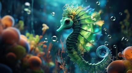 A neon green space seahorse floating amidst neon blue bubbles in a surreal space aquarium - obrazy, fototapety, plakaty