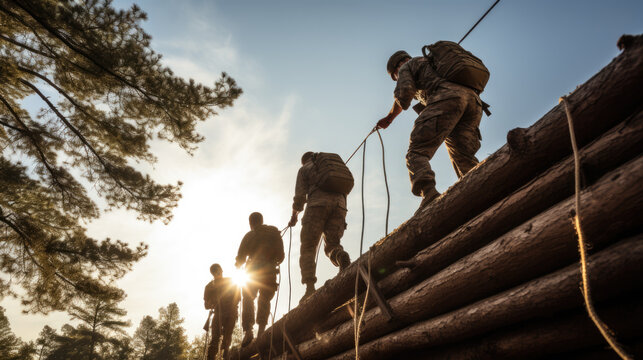 Military personnel go through an obstacle course during training
