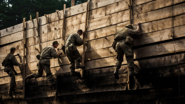 Military personnel go through an obstacle course during training