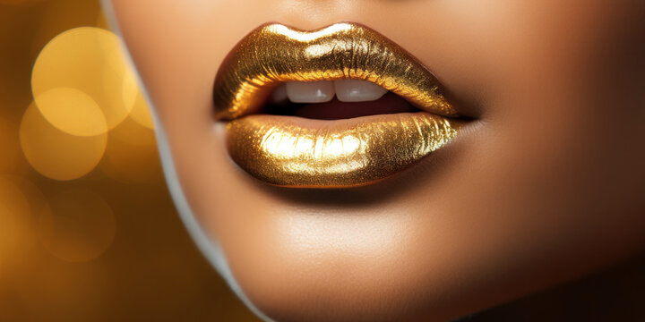 young woman's glossy, full lips, highlighted by metallic gold makeup