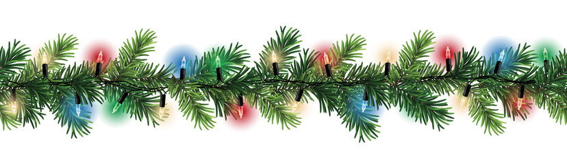 Seamless decorative christmas border with coniferous branches and garlands of christmas lights on transparent background - 641790411