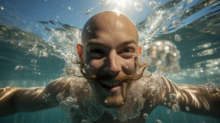 Bald freak man with moustaches swimming underwater in a pool with splashes of water. - obrazy, fototapety, plakaty