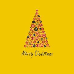 Squared yellow Wish card Merry Christmas written in English in grey font with grey and red pink Christmas tree with stars and Christmas' balls