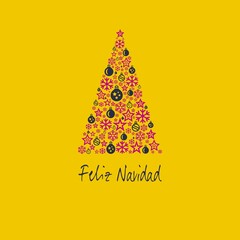 Squared yellow Wish card Merry Christmas written in Spanish in grey font with grey and red pink Christmas tree with stars and Christmas' balls