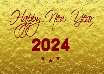 Golden wish card new year 2024 written in English in red font with red stars
