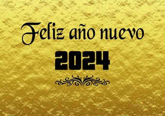Golden wish card new year 2024 written in Spanish in black font with an black arabesque ornament