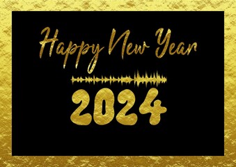 Golden wish card new year 2024 written in English with golden sound wave on a gold and black background