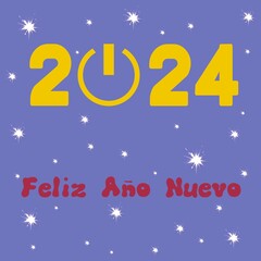 New year 2024 purple squared greeting card written in Spanish in yellow and red with lots of stars with an "on" button