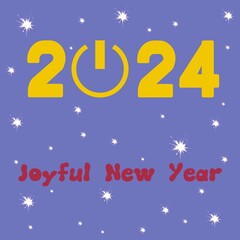 New year 2024 purple squared greeting card written in English in yellow and red with lots of stars with an "on" button