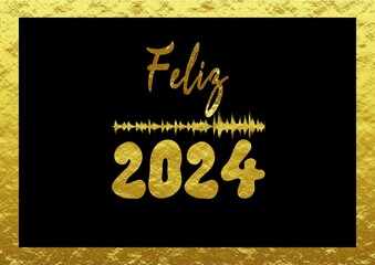 Golden wish card new year 2024 written in Spanish with golden sound wave on a gold and black background