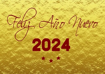 Golden wish card new year 2024 written in Spanish in red font with red stars