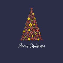 Squared purple Wish card Merry Christmas written in English in white font with yellow and orange Christmas tree with stars and Christmas' balls