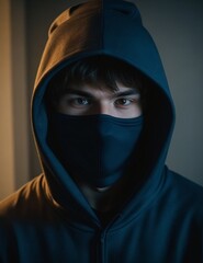 Naklejka premium Man wearing a black hoodie and a black mask