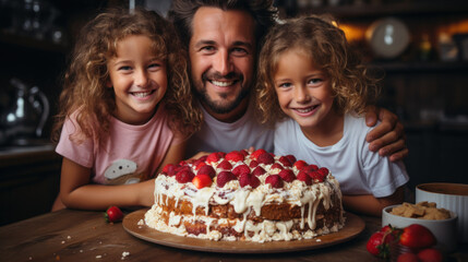 Happy family. Father and children are sitting at the table and smiling while celebrate with cake.