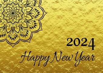 Golden wish card new year 2024 written in English in black font with a black mandala