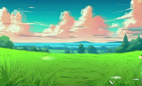 Narute landscape with lake, green forests and grass. Cartoon or anime watercolor painting illustration style. 4K timelapse Seamless looping video