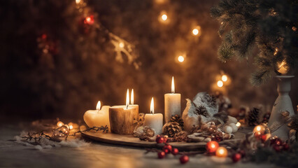 Banner natalizio, candele accoglienti tra decorazioni festive