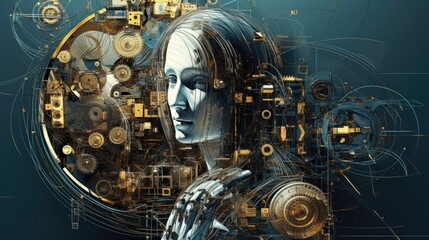 3d rendering of a female face with colorful abstract elements in the background. Digital art.