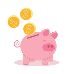 Piggy bank for money funny pig with gold coins with dollar sign. Vector illustration, isolated