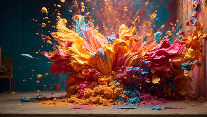 Abstract Multicolored Liquid Paint Splash on Backdrop