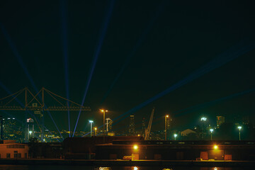 Fototapeta na wymiar Night illumination at night in cargo port against background of urban landscape