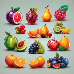 Set of fresh fruit icons, glassy 3D look