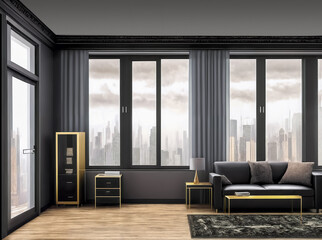 Modern urban living room with minimalist design, adorned with opulent golden accents for a touch of luxury.