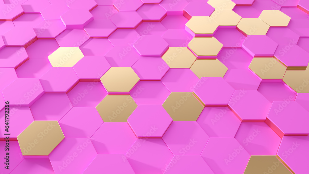 Poster 3d abstract pink and gild background. abstract hexagon mosaic wall. 3d rendering