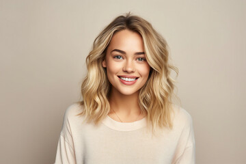 Fototapeta premium Generative AI portrait charming blonde hair girl woman smiling white teeth isolated pastel color wall background