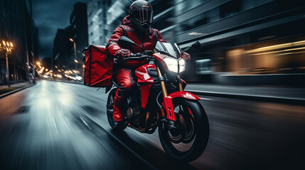 A motorcycle driver riding home with delivery bags in the style of night photography