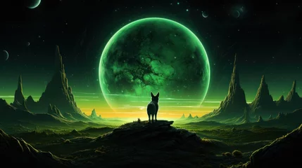 Fotobehang A neon yellow space fox bounding across a neon green moon, its vibrant colors contrasting with the lunar landscape © Tina