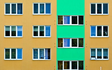 Fototapeta premium Colourful block of flats in residential area. Geometric lines. Roznov pod Radhostem. Czech republic.